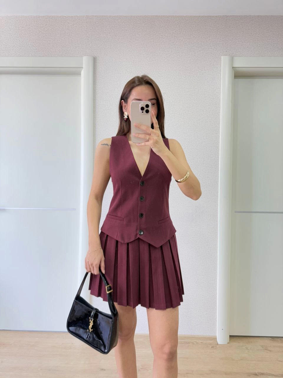 Venlora Keten Takım Görünümlü Düğme Detaylı Yelekli Mini Elbise - Bordo