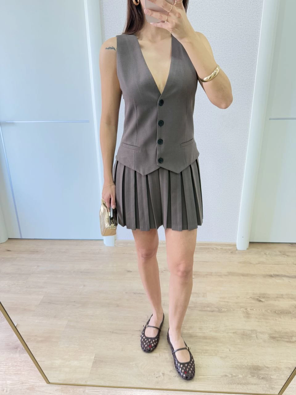 Venlora Keten Takım Görünümlü Düğme Detaylı Yelekli Mini Elbise - Füme