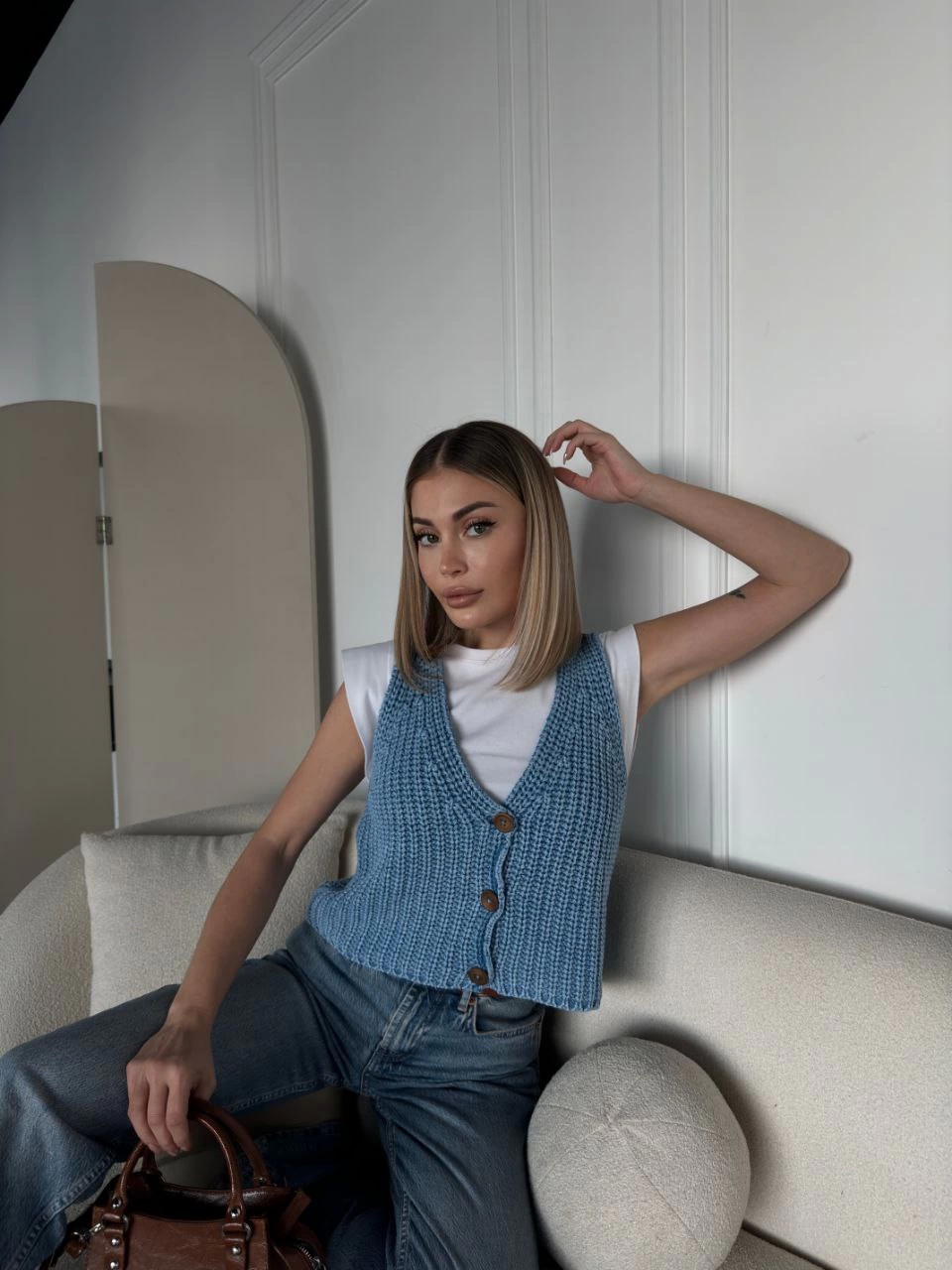 Venlora Triko Kolsuz Düğmeli Yelek - Mavi