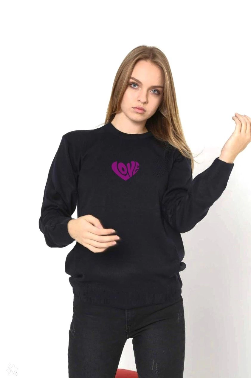 Venlora Unisex Bisiklet Yaka Baskılı Dokuma Triko - Siyah