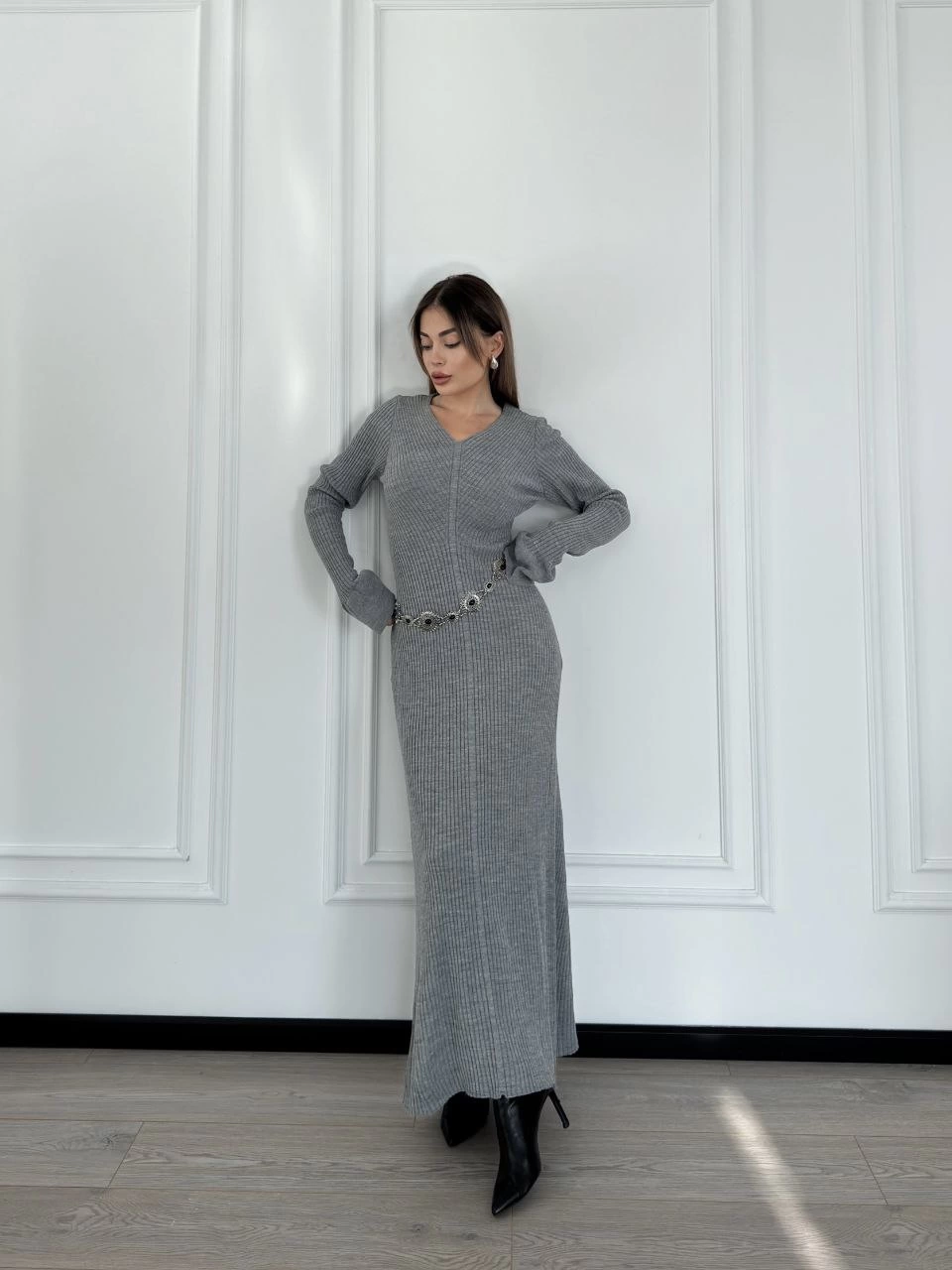 Venlora V Yaka Fitilli Uzun Elbise- Gri