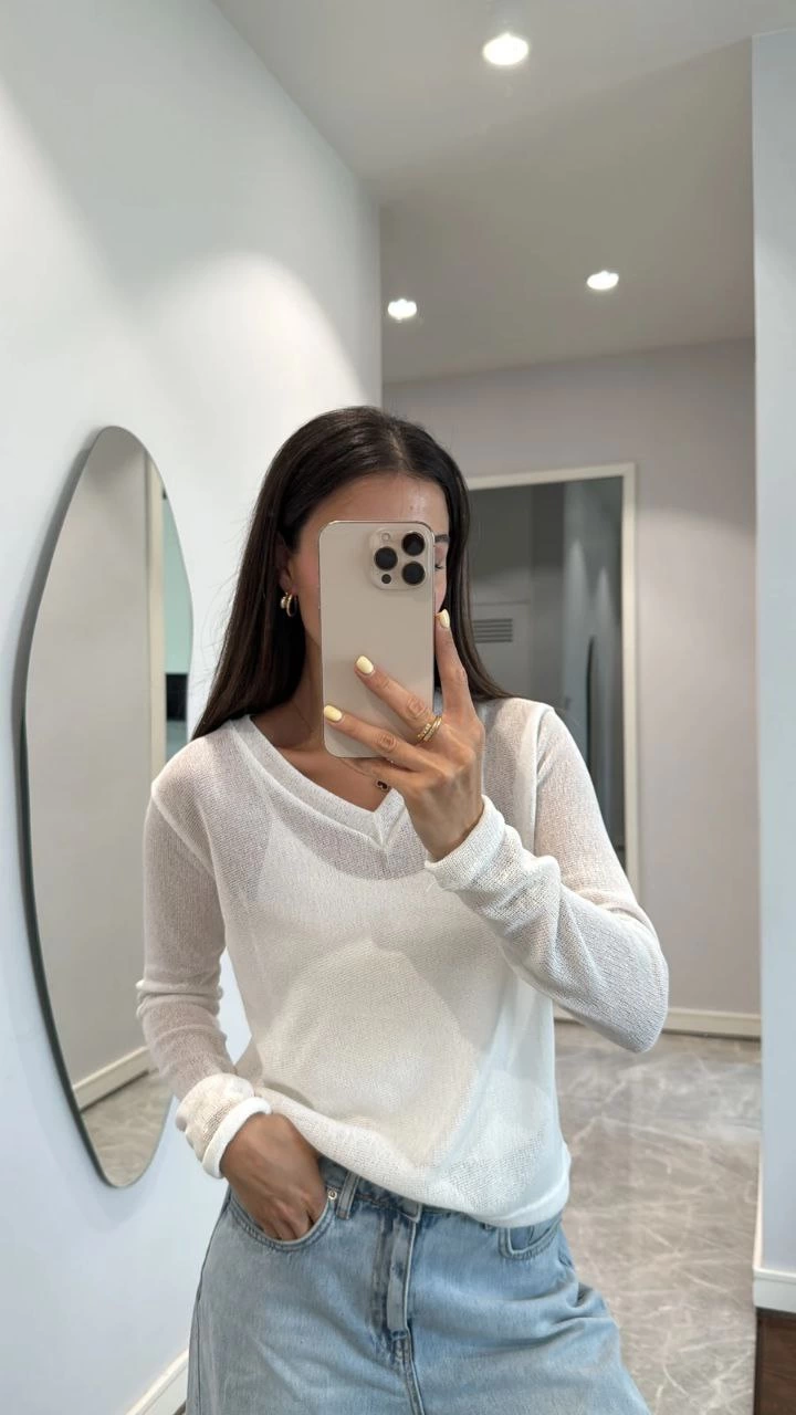 Venlora V Yaka uzun Kollu Triko ince Bluz - Beyaz