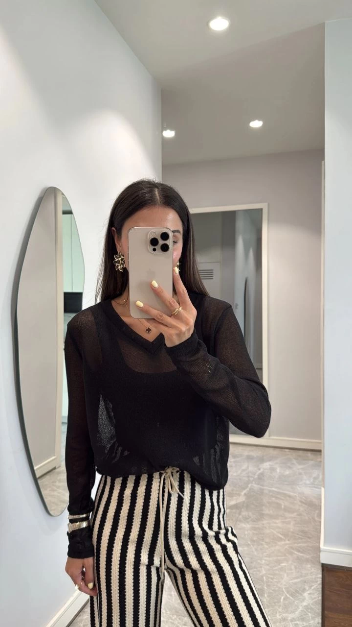 Venlora V Yaka uzun Kollu Triko ince Bluz - Siyah