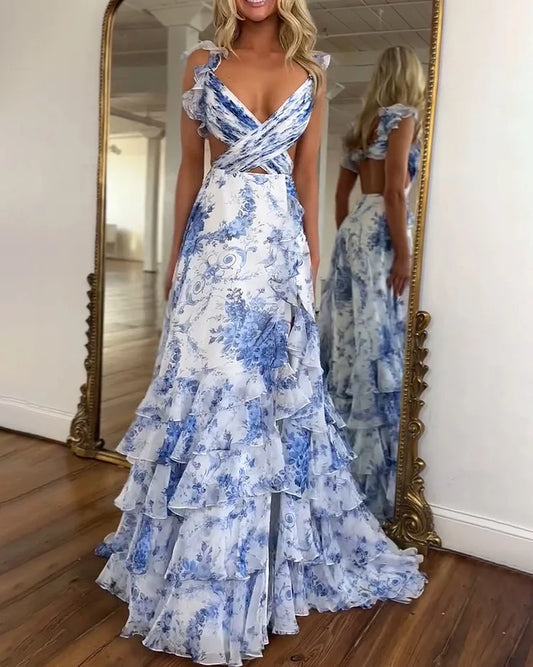 🅥🅔🅝🅛🅞🅡🅐™ Mavi Çiçekli Fırfırlı Cut-Out Elbise