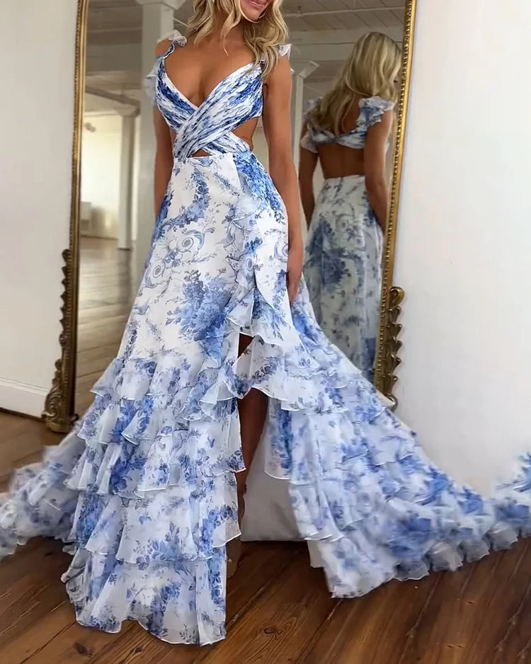 🅥🅔🅝🅛🅞🅡🅐™ Mavi Çiçekli Fırfırlı Cut-Out Elbise