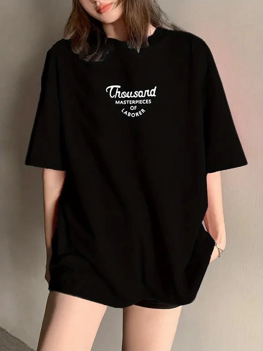 Thousand Ön Arka Baskılı Oversize Bisiklet Yaka T-shirt - Siyah