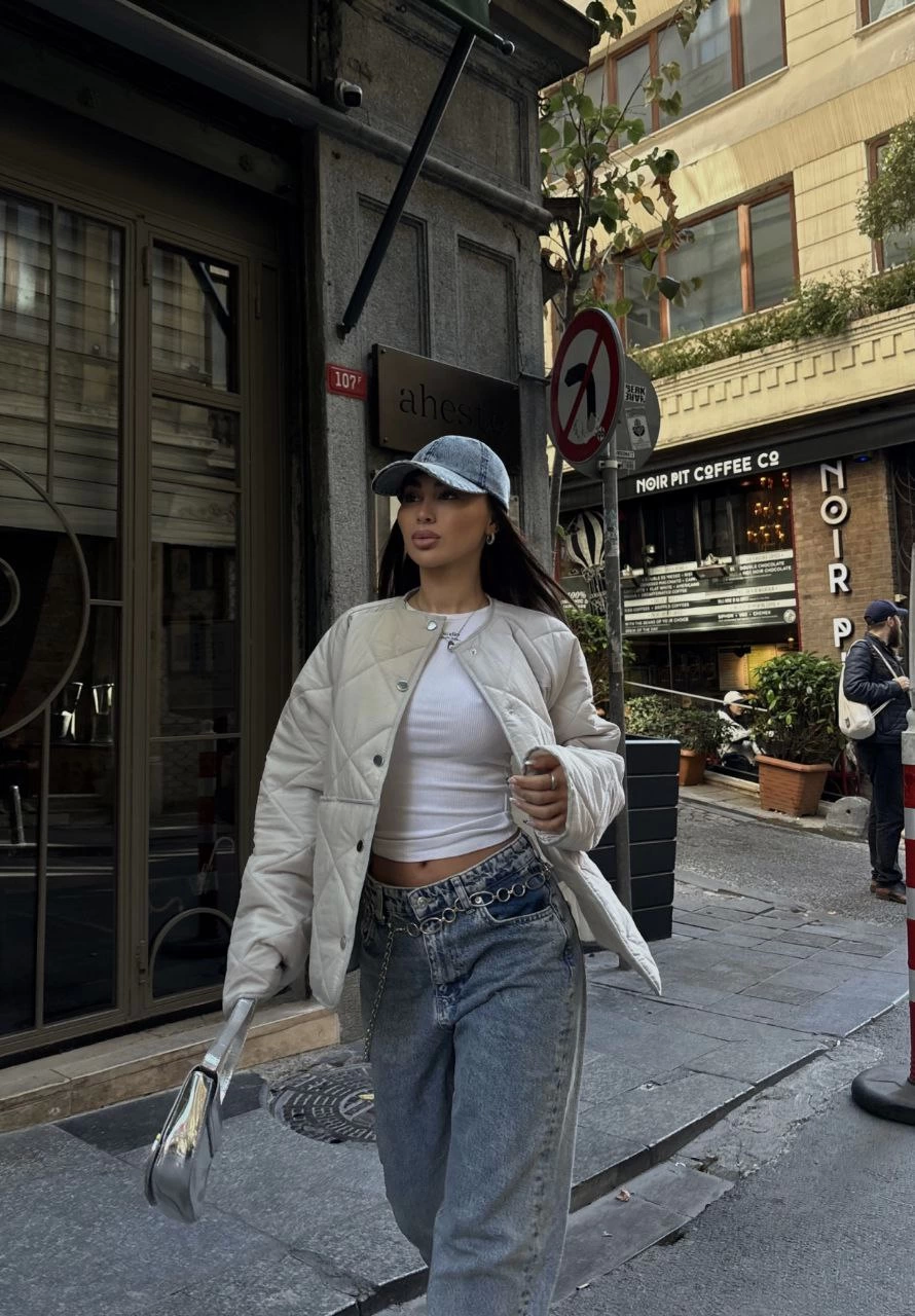 Venlora Cıt Cıt Detaylı Çepli Ceket Mont- Beyaz