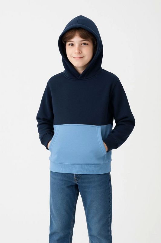 Erkek Çocuk Kapüşonlu Kanguru Cepli Parçalı SweatShirt - Renkli