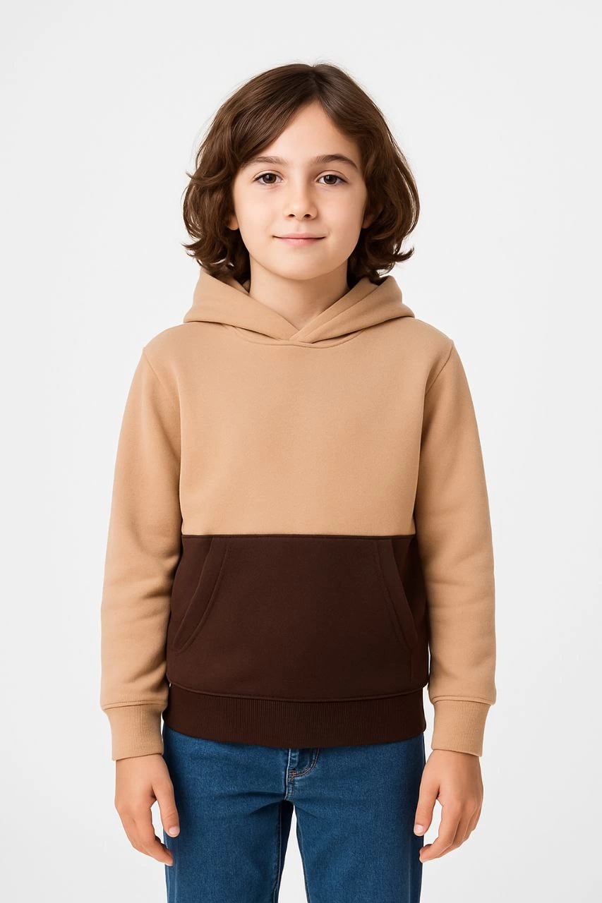 Erkek Çocuk Kapüşonlu Kanguru Cepli Parçalı SweatShirt - Renkli