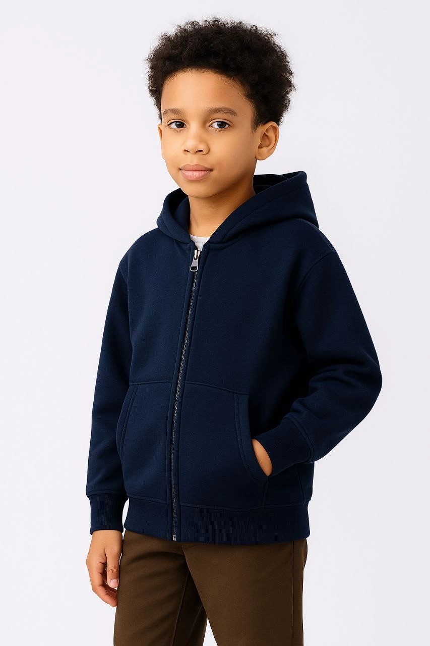 Erkek Çocuk Kapüşonlu Kanguru Çepli  Tam Fermuarlı Hırka SweatShirt - Lacivert