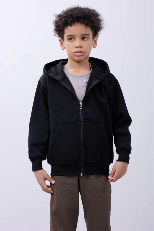 Erkek Çocuk Kapüşonlu Kanguru Çepli Tam Fermuarlı Hırka SweatShirt - Siyah