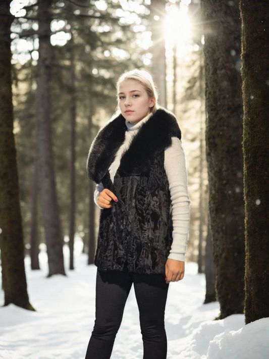 Venlora Kadın Kolsuz Hakiki Kürk - Siyah