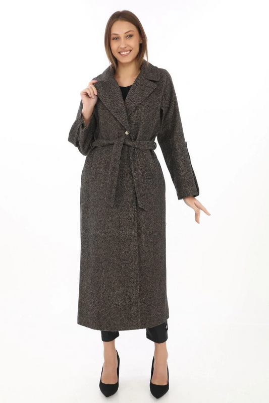 Venlora Kadın Kolu Apoletli Astarlı Kaşmir Kaşe Kaban - Füme