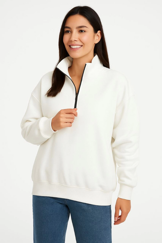 Kadın Üç İplik Dık Yaka Yarım Fermuarlı SweatShirt - Beyaz