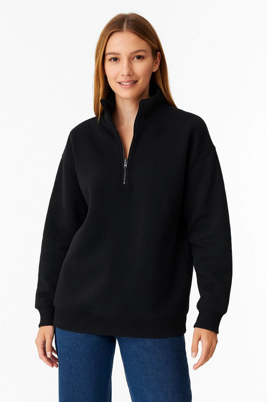 Kadın Üç İplik Dık Yaka Yarım Fermuarlı SweatShirt - Siyah