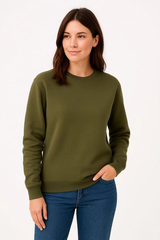 Kadın Üç İplik Düz Bisiklet Yaka SweatShirt - Haki