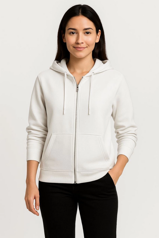 Kadın Üç İplik Kapüşonlu Tam Fermuarlı Kanguru Çepli SweatShirt Hoodie - Beyaz