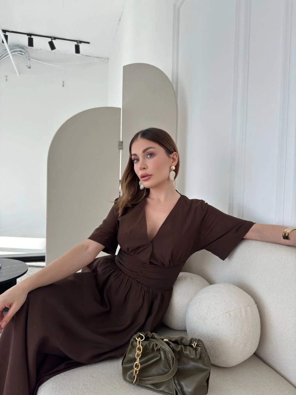 Venlora Kısa Kollu Uzun Elbise - Kahve