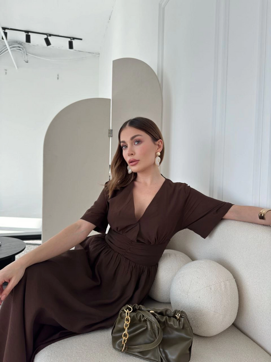 Venlora Kısa Kollu Uzun Elbise - Kahve