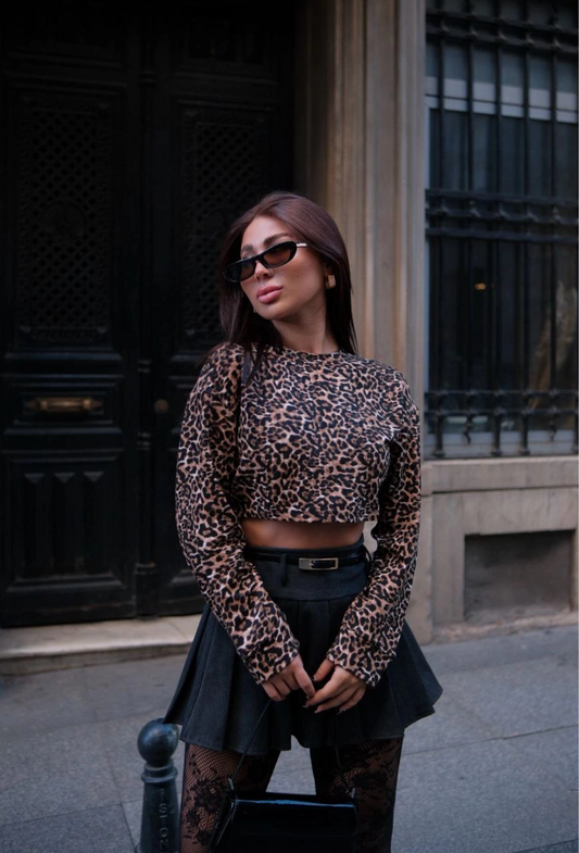 Venlora Leopar desenli Uzun Kollu Crop - Leopar