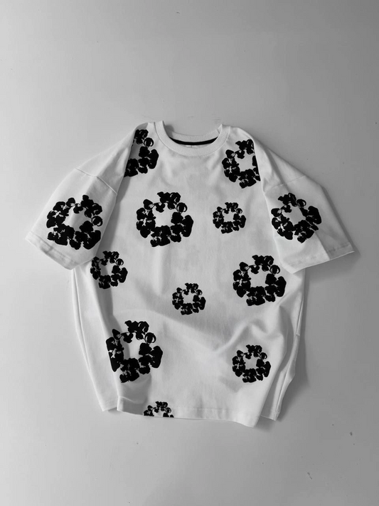 Ön ve Arka Baskılı Oversize Bisiklet Yaka T-shirt- Beyaz