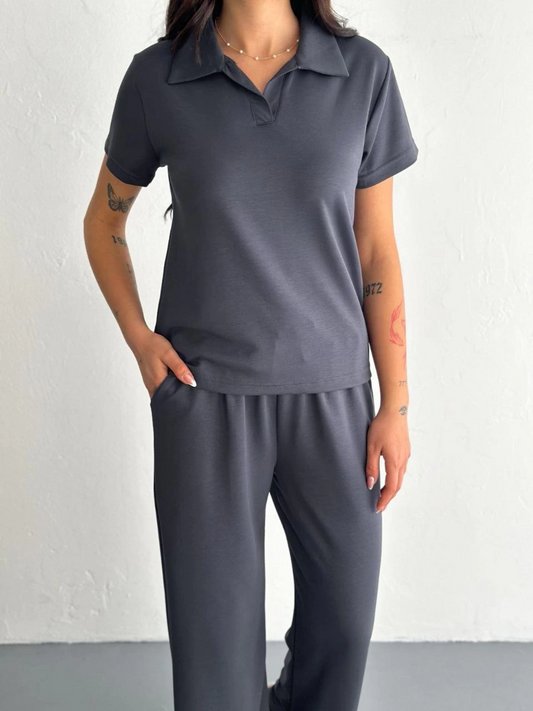 Osy Modal Yumuşak Dokulu Kumaş Kısa Kollu Yakalı T-shirt Pantalon ikili Takım- Antrasit