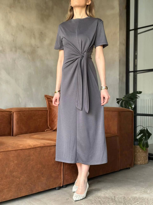 Venlora Osy Modal Yumuşak Dokulu Kumaş Yandan Bağlamalı Elbise - Gri