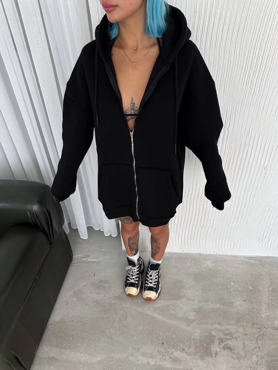 Venlora Oversize Tam Fermuarlı Uzun Kol Hırka - Siyah