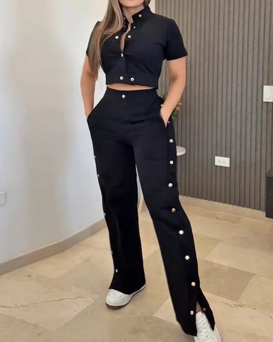 Venlora Göz Alıcı Gold Düğmeli Siyah Takım