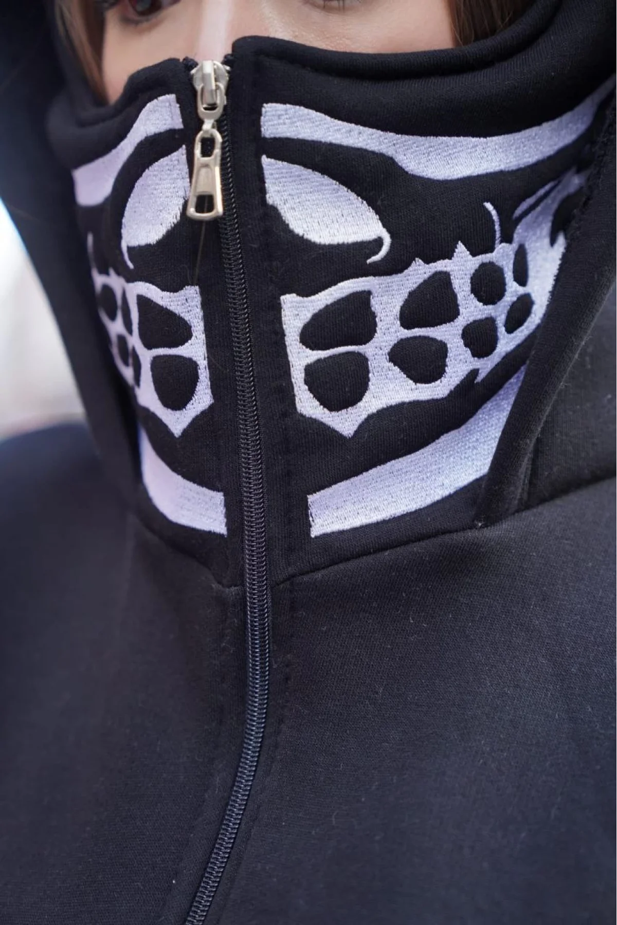 Samuray Kapşonlu ZIP Fermuarlı Çift Kapşonlu Nakışlı SweatShirt- Siyah