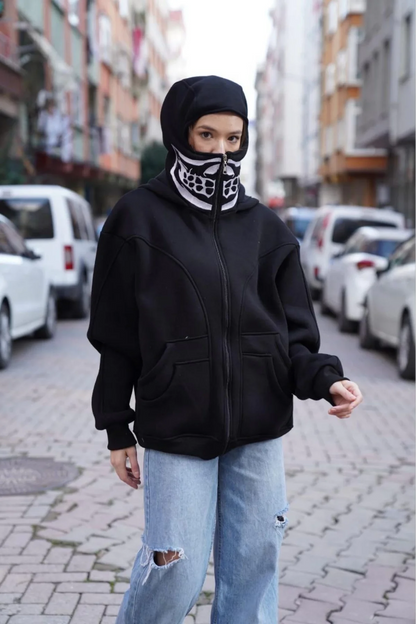 Samuray Kapşonlu ZIP Fermuarlı Çift Kapşonlu Nakışlı SweatShirt- Siyah