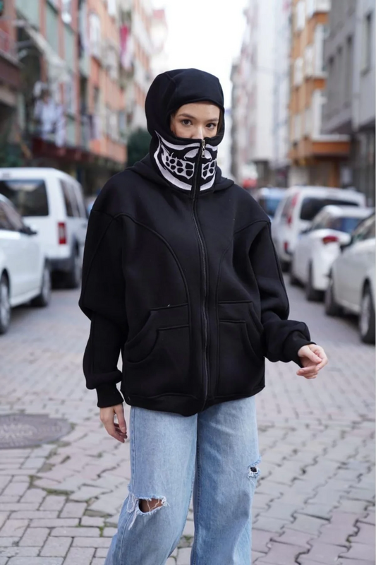 Samuray Kapşonlu ZIP Fermuarlı Çift Kapşonlu Nakışlı SweatShirt- Siyah