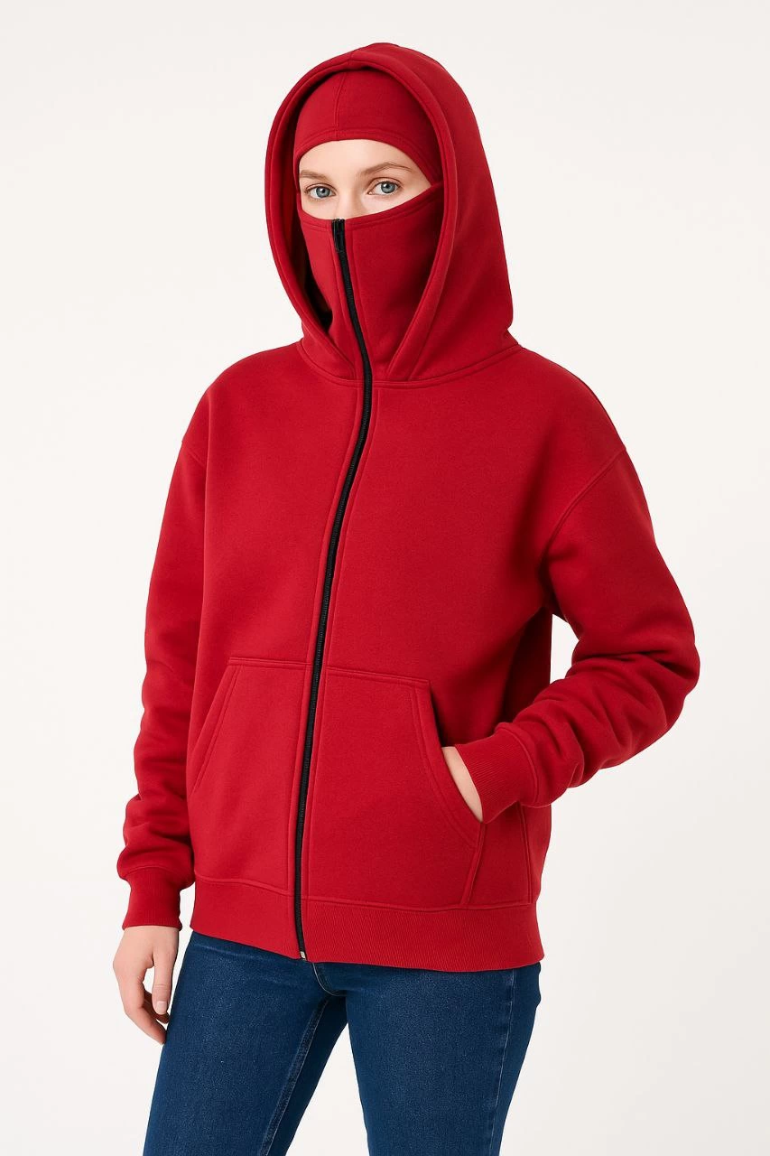 Samuray Ninja Çift Kapüşonlu Kadın Hoodie Oversize Kanguru Cepli, Bahar & Kışlık Fermuarlı Sweatshirt- Kırmızı
