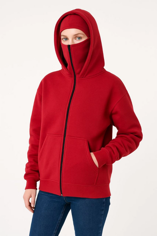 Samuray Ninja Çift Kapüşonlu Kadın Hoodie Oversize Kanguru Cepli, Bahar & Kışlık Fermuarlı Sweatshirt- Kırmızı