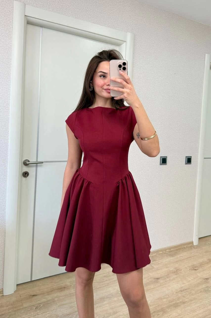 Venlora Sırt dekolteli Çan Detaylı Mini Elbise - Bordo