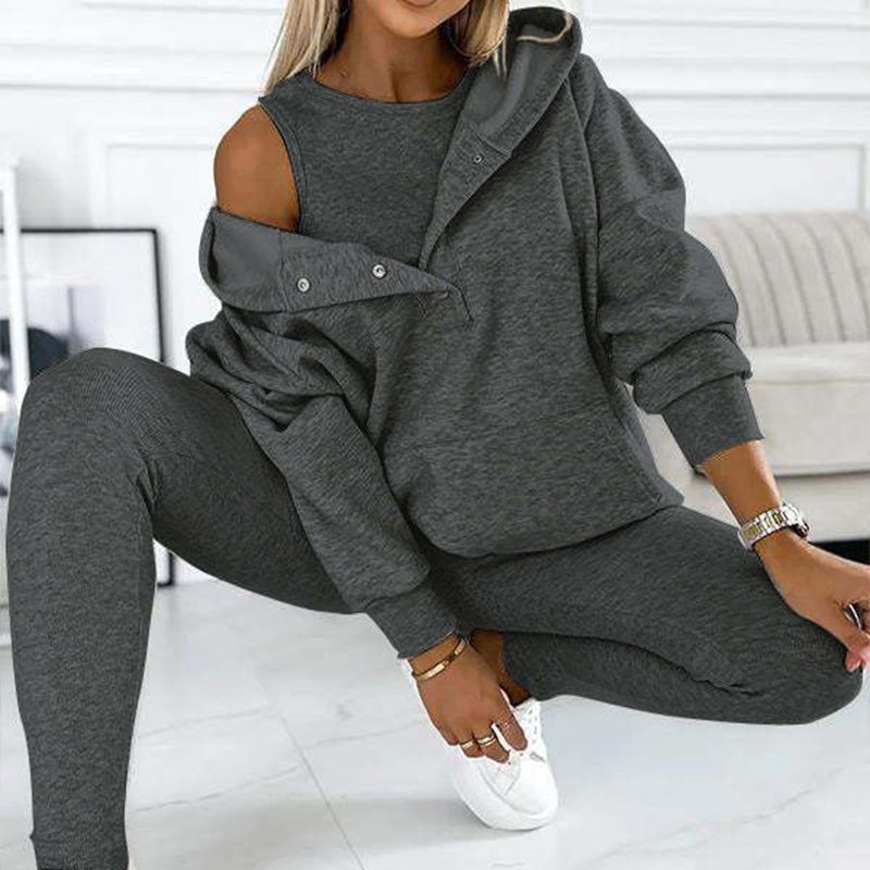 Kapüşonlu Düğmeli Oversize Sweatshirt Ve Tayt Üçlü Takım