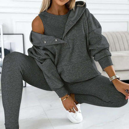 Kapüşonlu Düğmeli Oversize Sweatshirt Ve Tayt Üçlü Takım