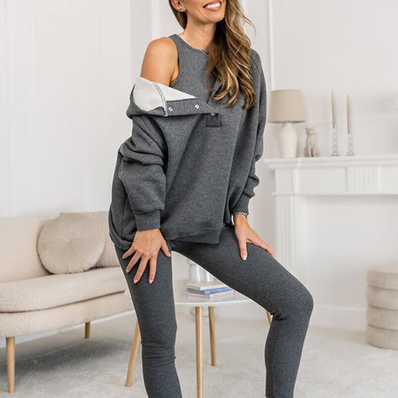 Kapüşonlu Düğmeli Oversize Sweatshirt Ve Tayt Üçlü Takım
