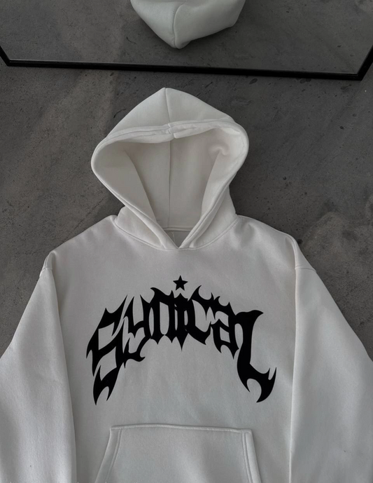 Üç İplik Kapüşonlu Baskılı Oversize SweatShirt- Beyaz