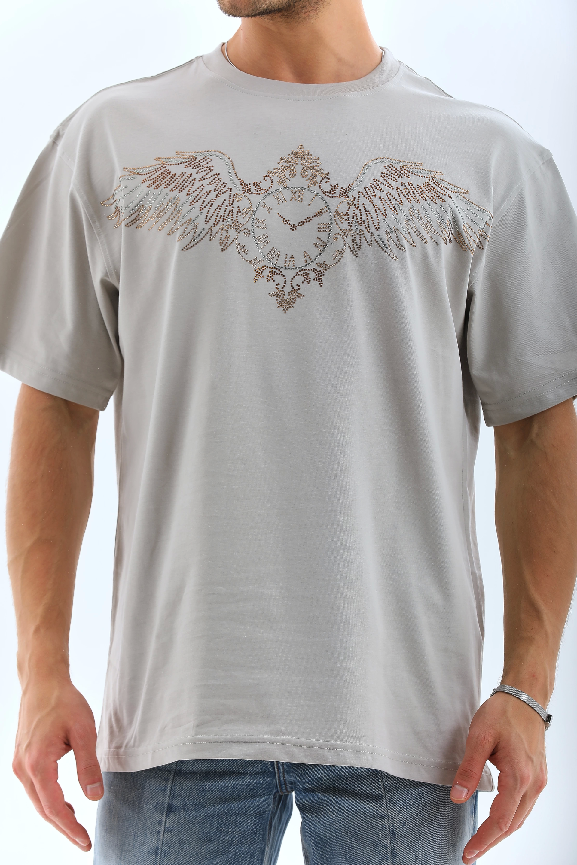 Unisex Oversize Taşlı Bisiklet Yaka T-Shirt - Gri