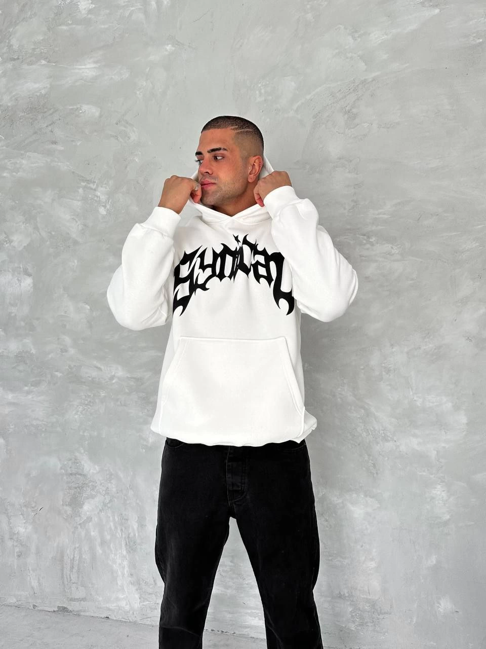 Unisex Üç İplik Kapüşonlu Baskılı SweatShirt - Beyaz